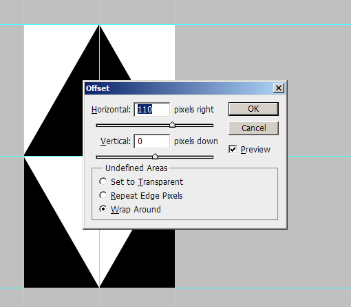 using the offset tool to move the lower triangle so that it's center is exactly on the edge of the document